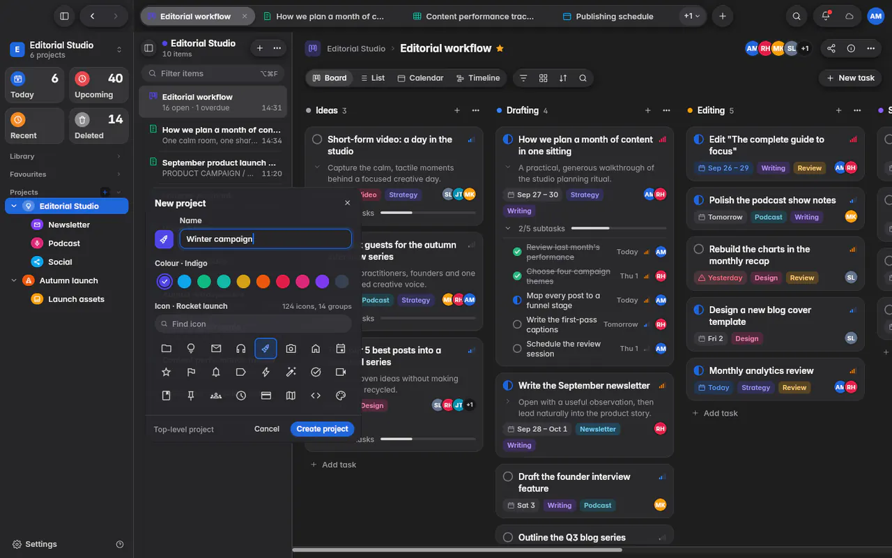 The New project form with a name, ten colours and a grid of icons (the web app)