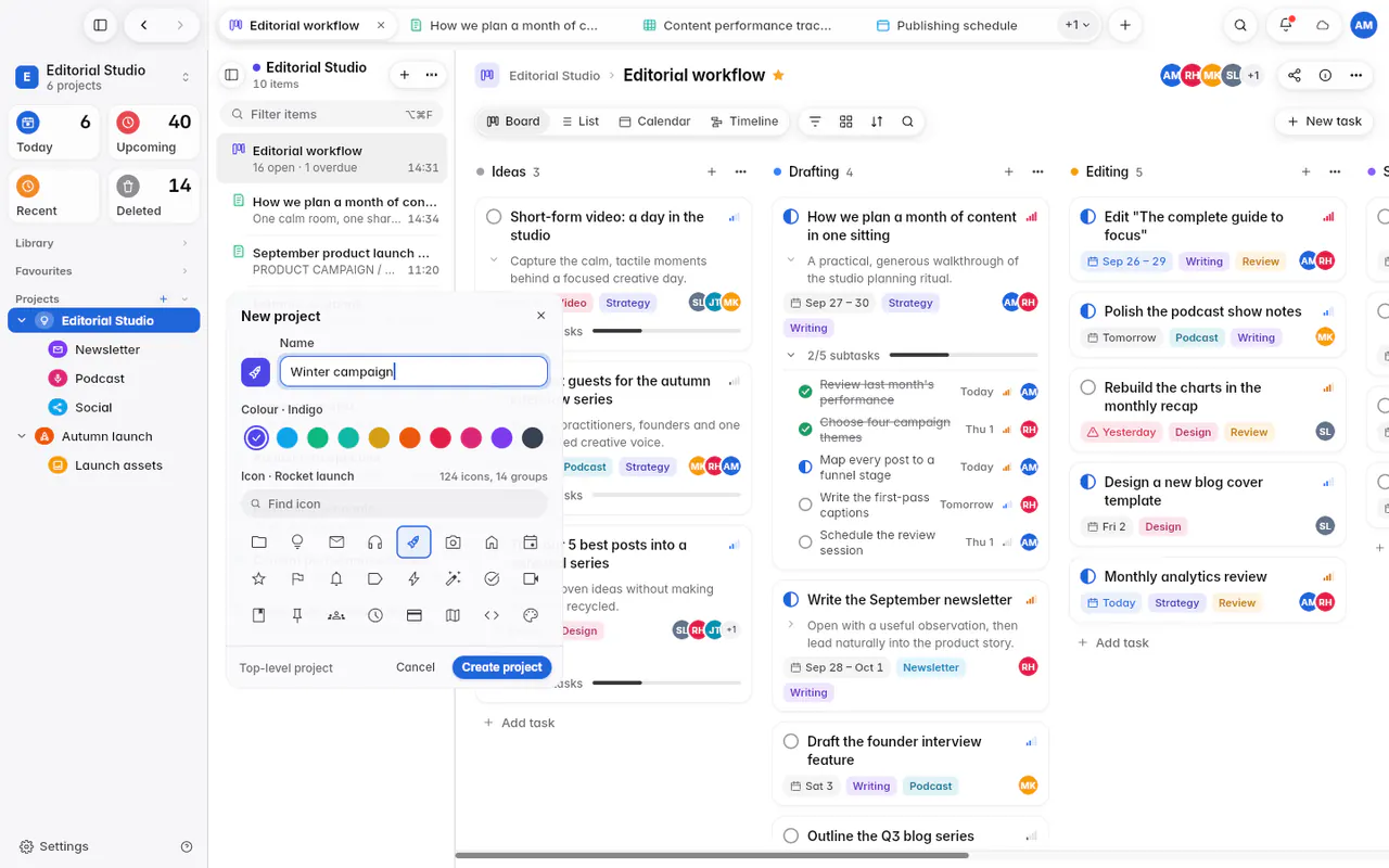 The New project form with a name, ten colours and a grid of icons (the web app)