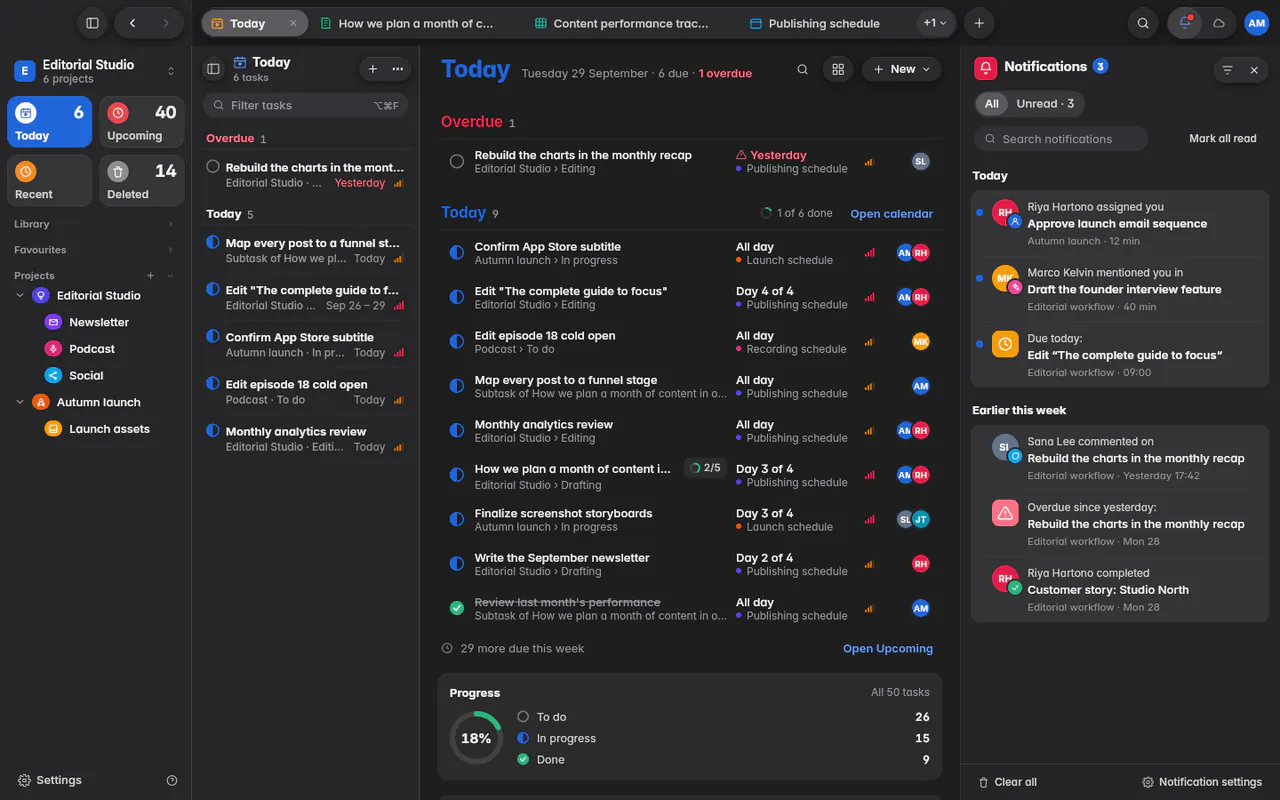 The notification history with assignments, mentions and reminders, grouped by day (the web app)