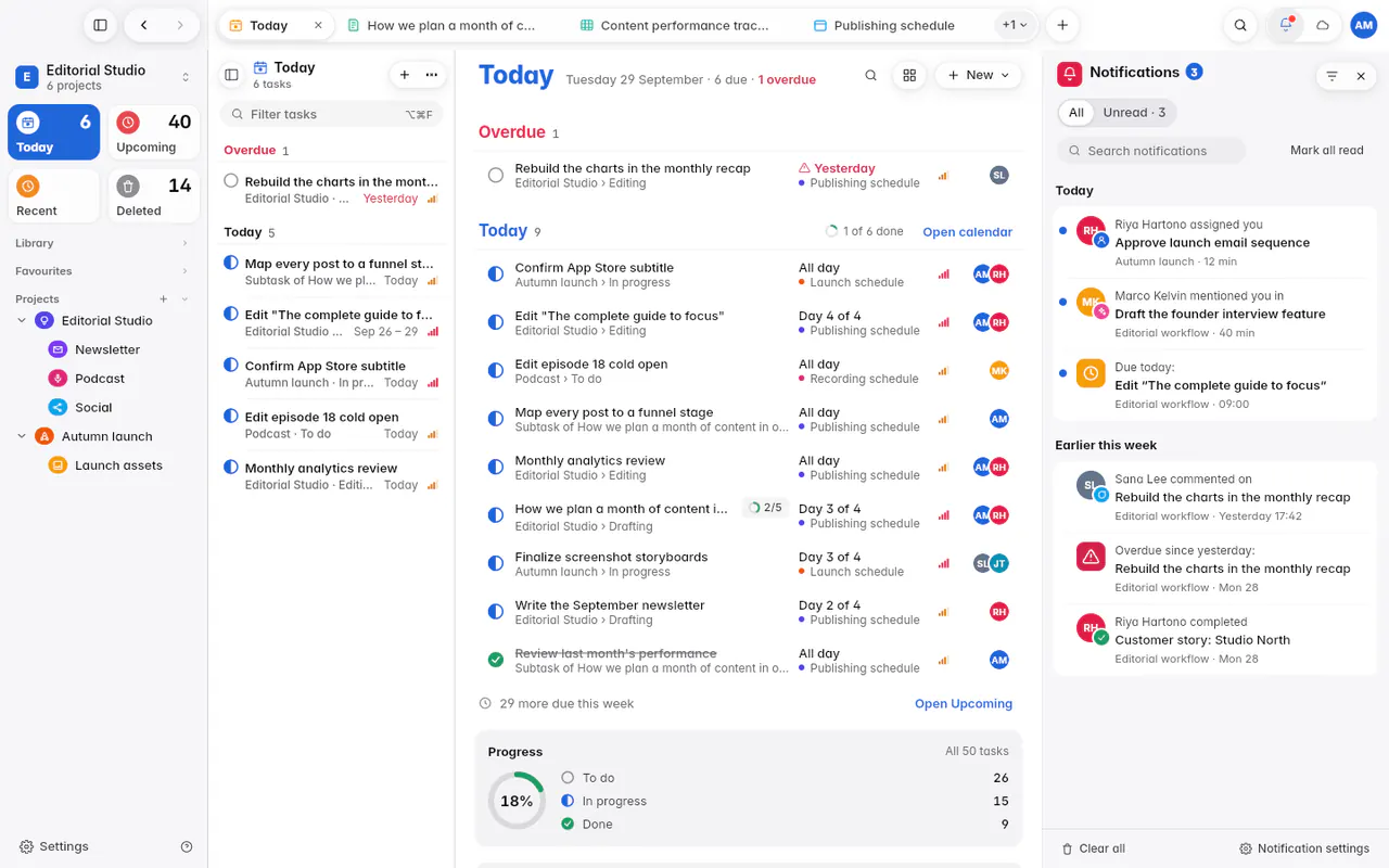 The notification history with assignments, mentions and reminders, grouped by day (the web app)