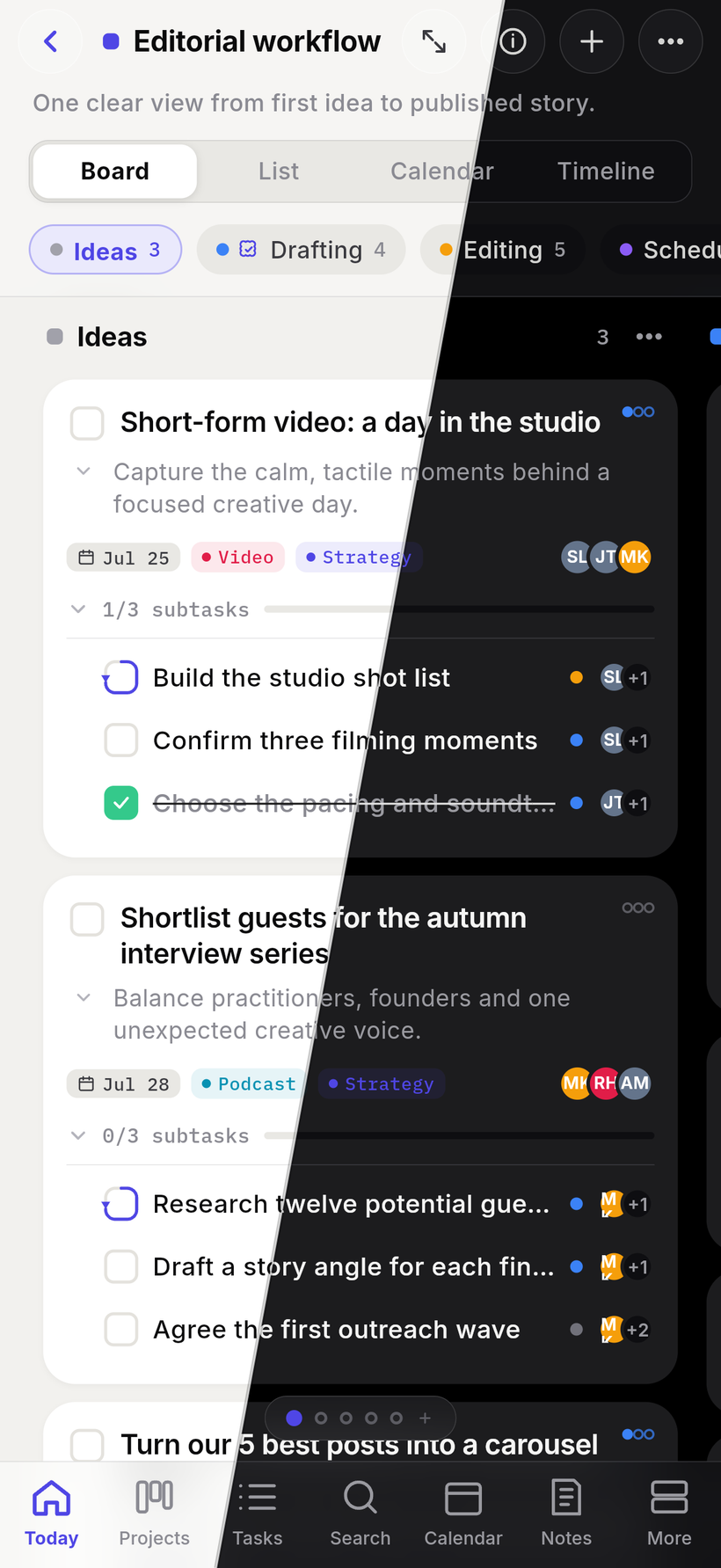Jotifi mobile kanban board with swipeable columns, shown split between light and dark mode