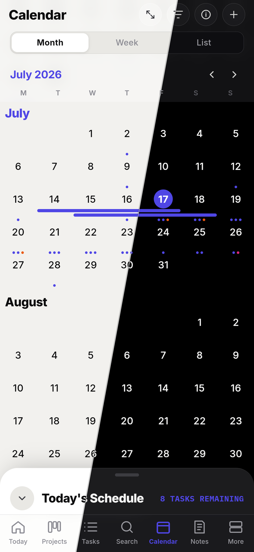 Jotifi mobile calendar in month view, shown split between light and dark mode