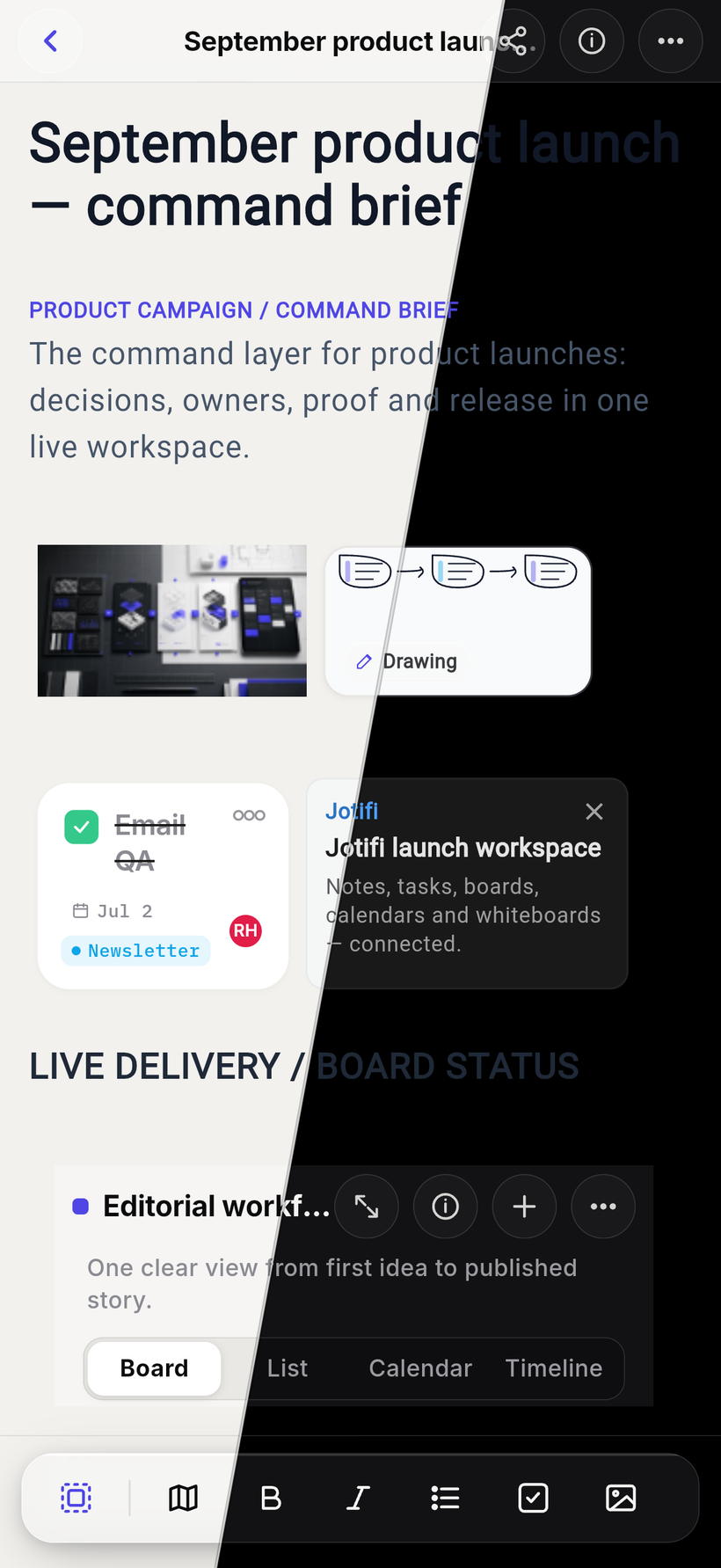 A Jotifi note open on mobile with rich text and a sketch, shown split between light and dark mode