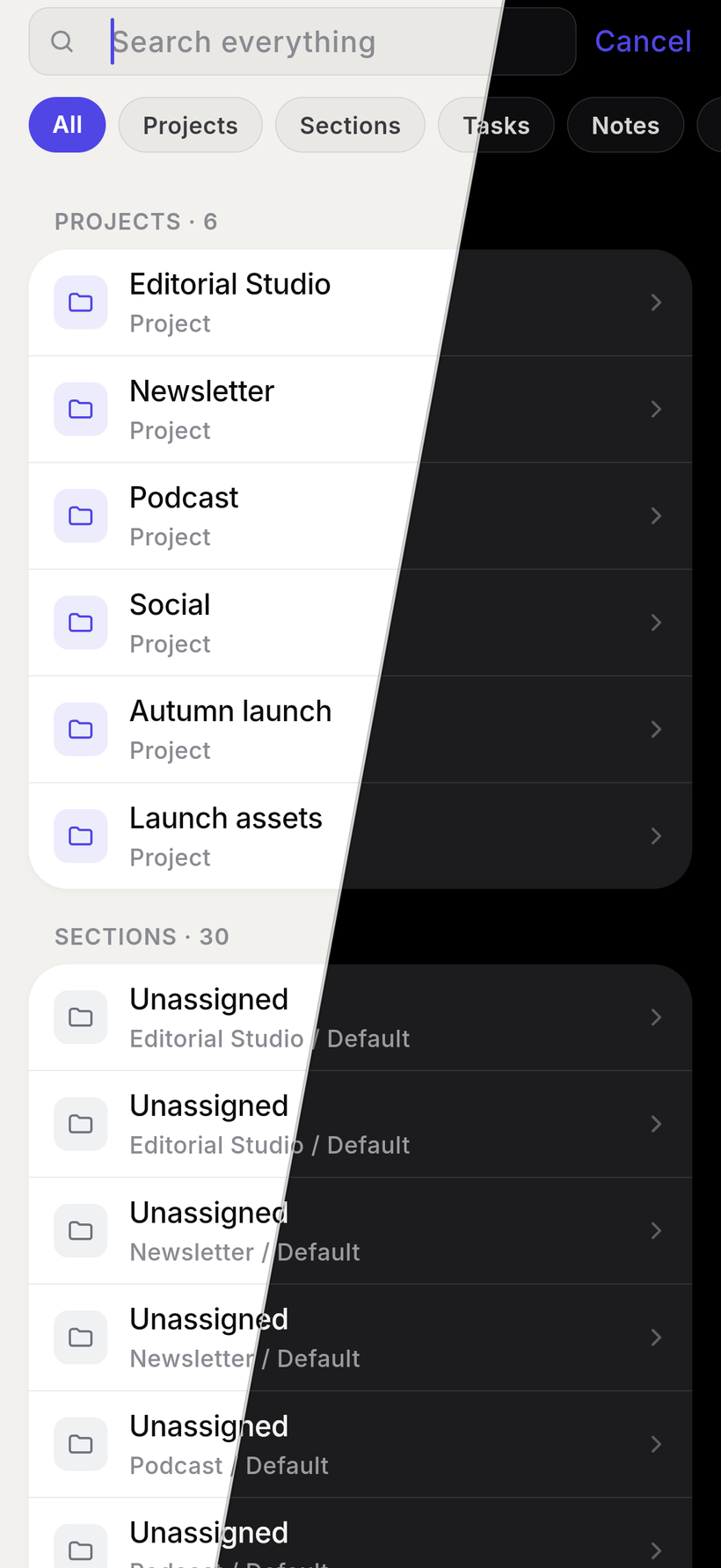 Jotifi mobile universal search, shown split between light and dark mode