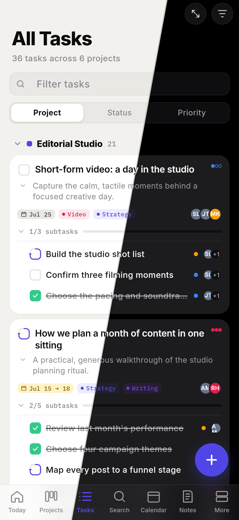 Jotifi mobile all-tasks list grouped by status, shown split between light and dark mode