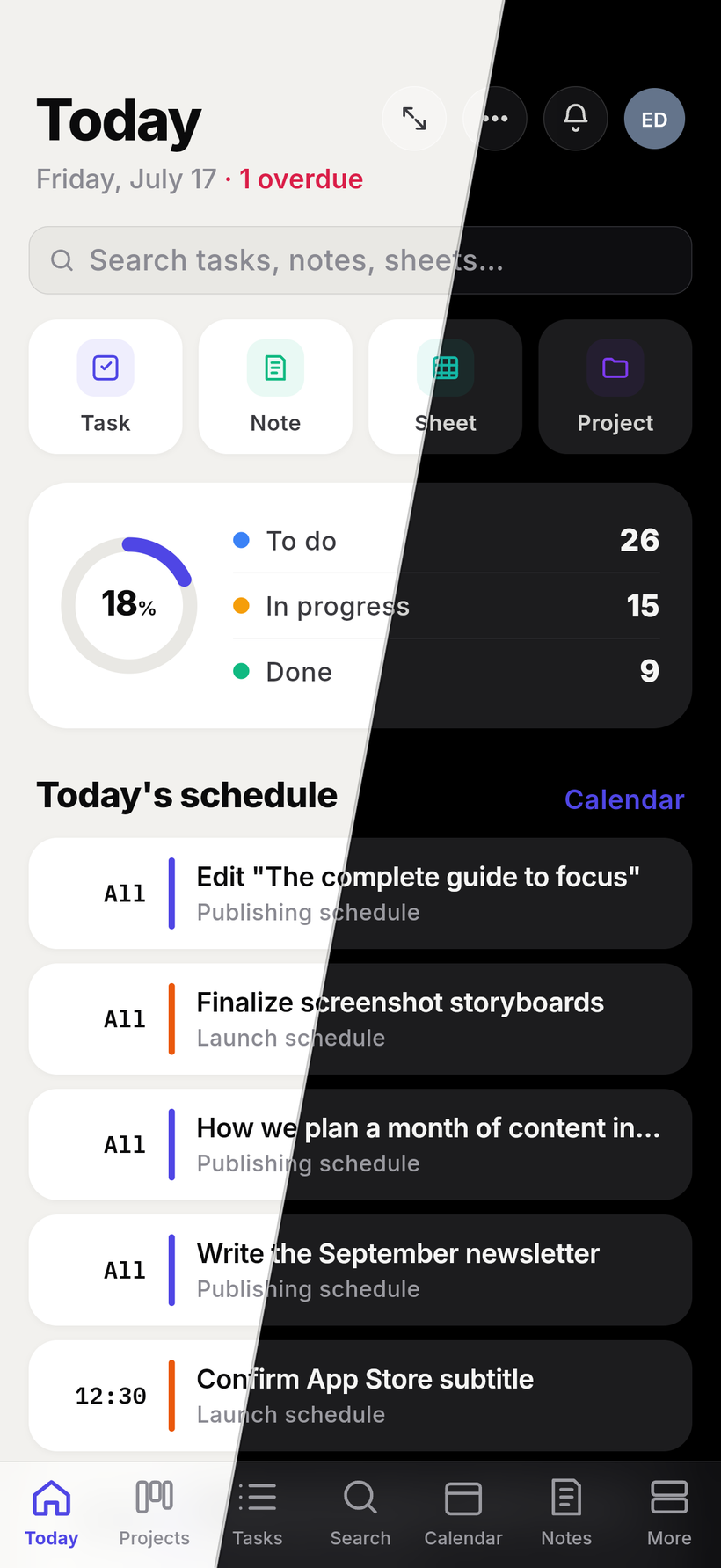 Jotifi mobile Today view with progress ring and schedule, shown split between light and dark mode