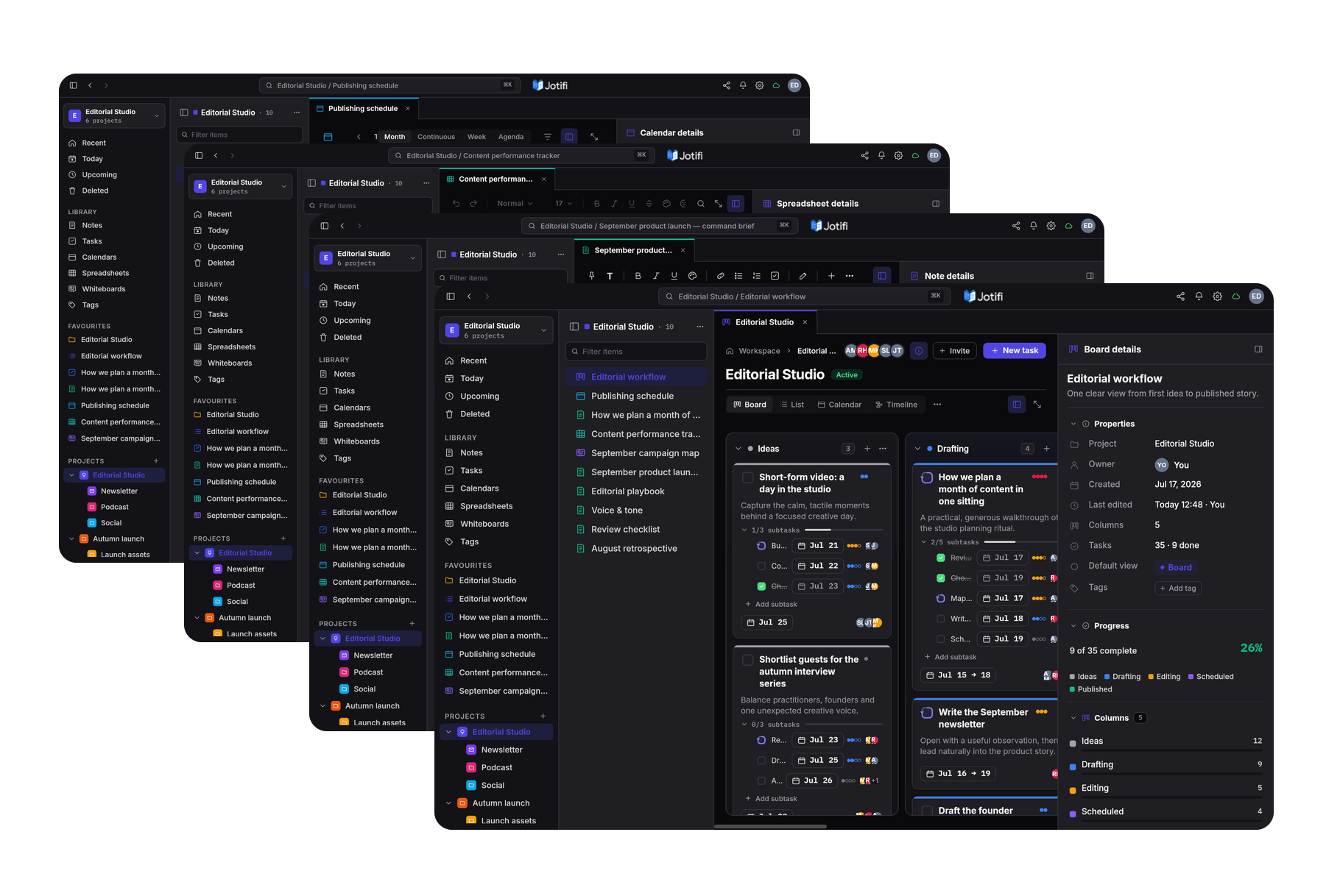Four Jotifi windows open together, with a kanban board in front