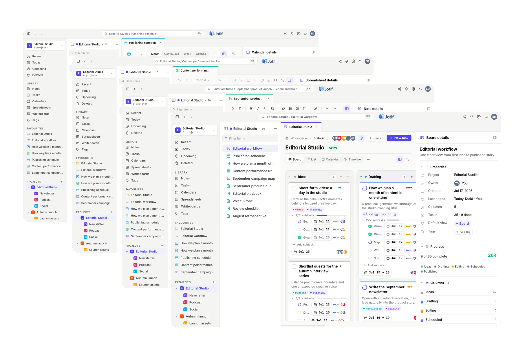 Four Jotifi windows open together, with a kanban board in front