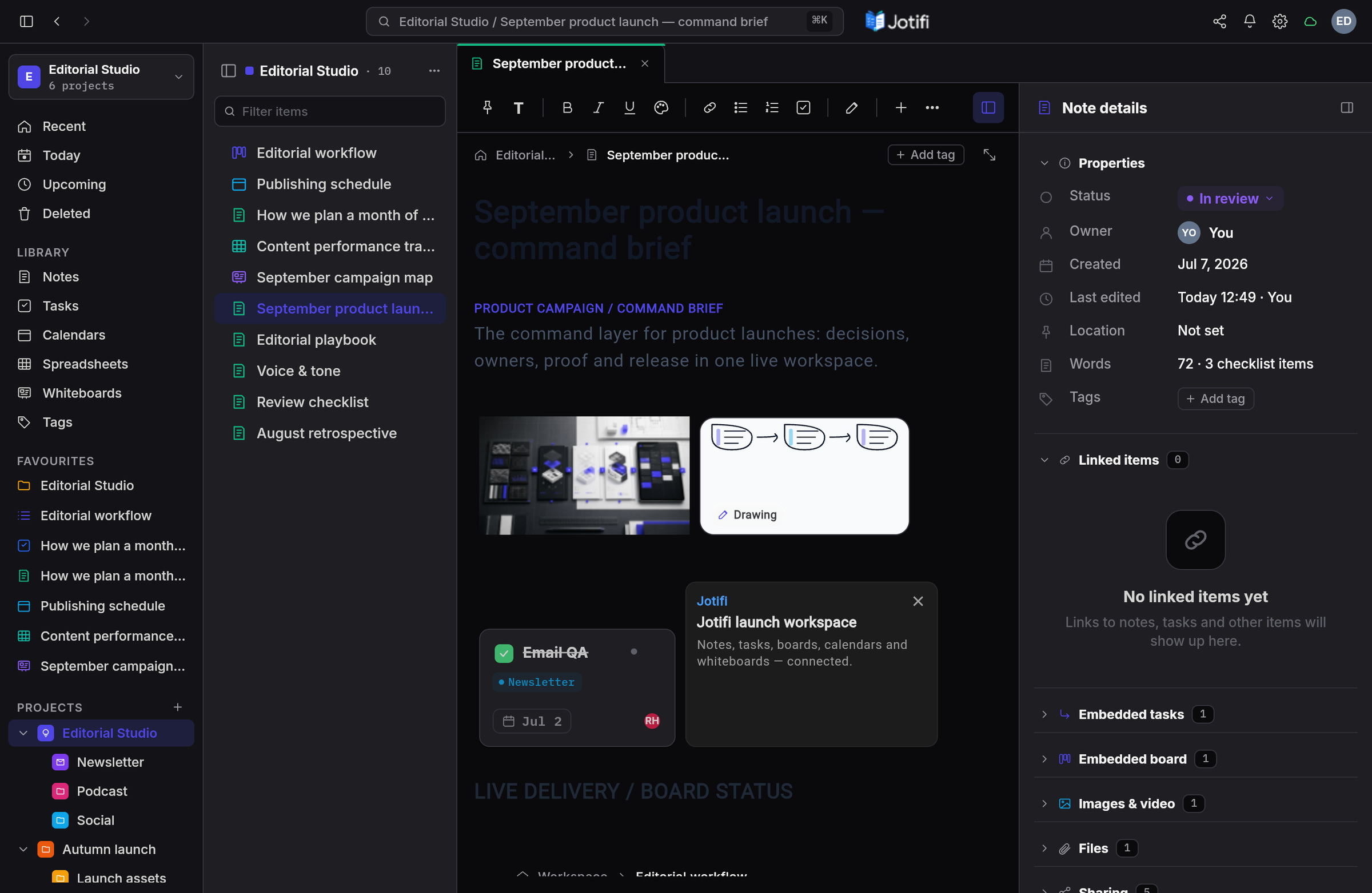 A Jotifi note open on desktop, iPad, and phone