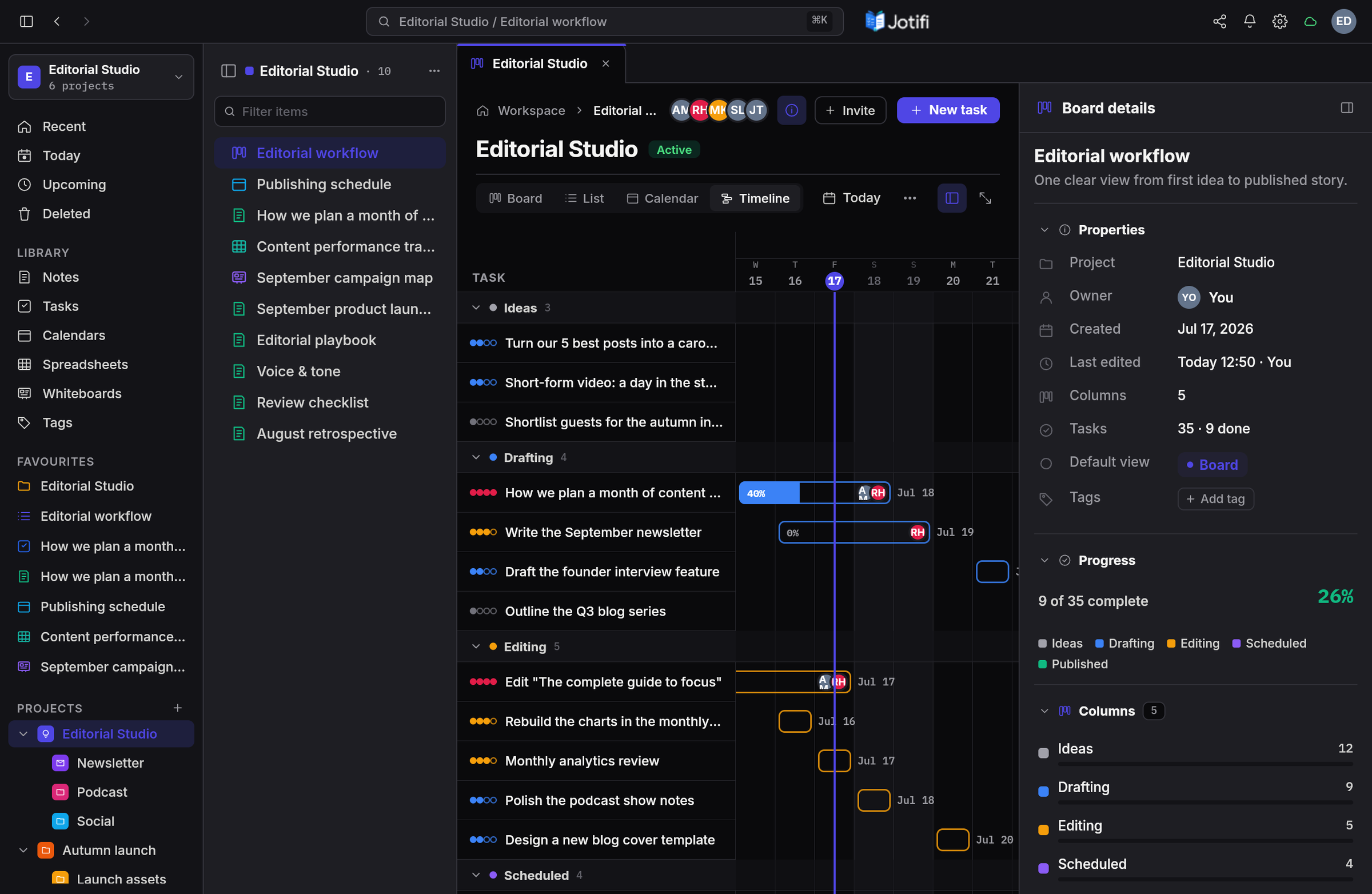 A Jotifi project timeline on desktop, iPad, and phone