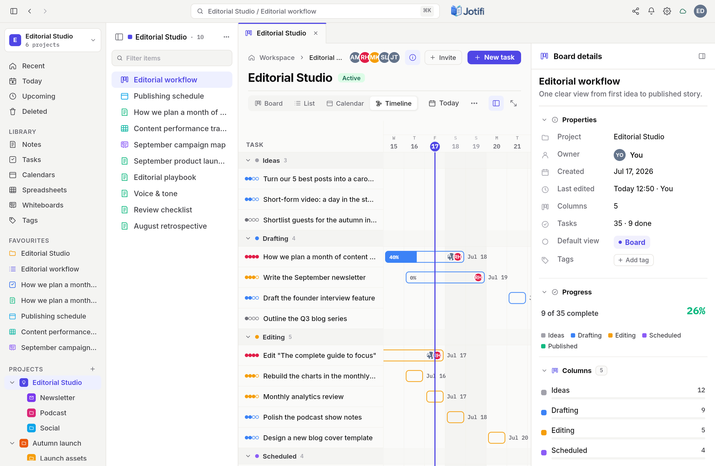 A Jotifi project timeline on desktop, iPad, and phone