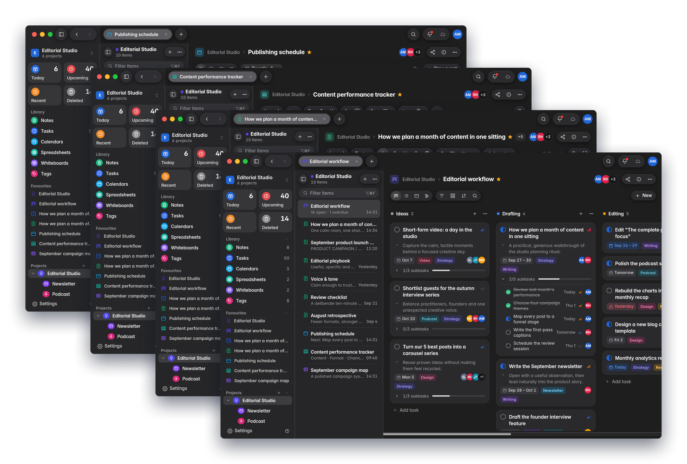 Four Jotifi windows open together on a Mac, with a kanban board in front