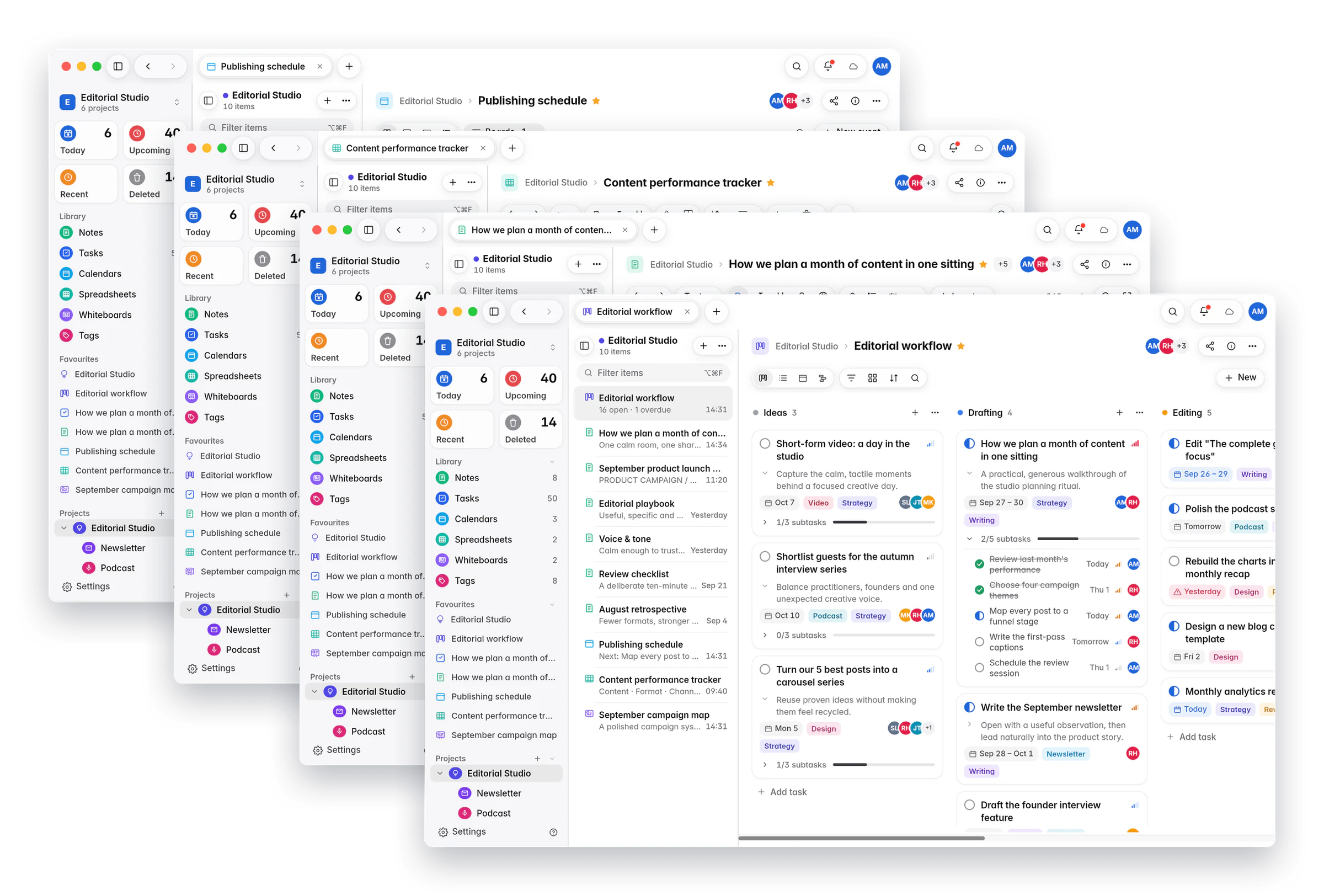 Four Jotifi windows open together on a Mac, with a kanban board in front