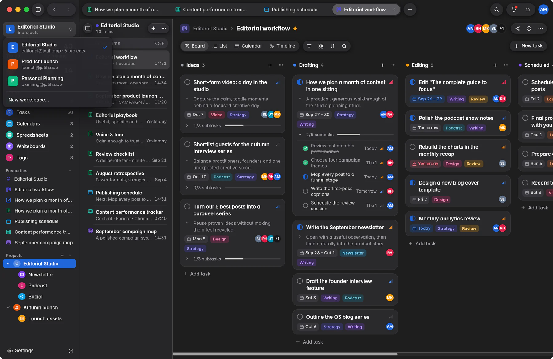 The Jotifi workspace switcher on a Mac, an iPad and an iPhone